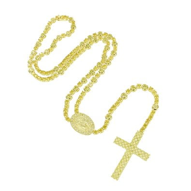 Rosary Cross Necklace Chain Jesus Charm 14K Yellow Gold Finish Lab Created Cubic Zirconia