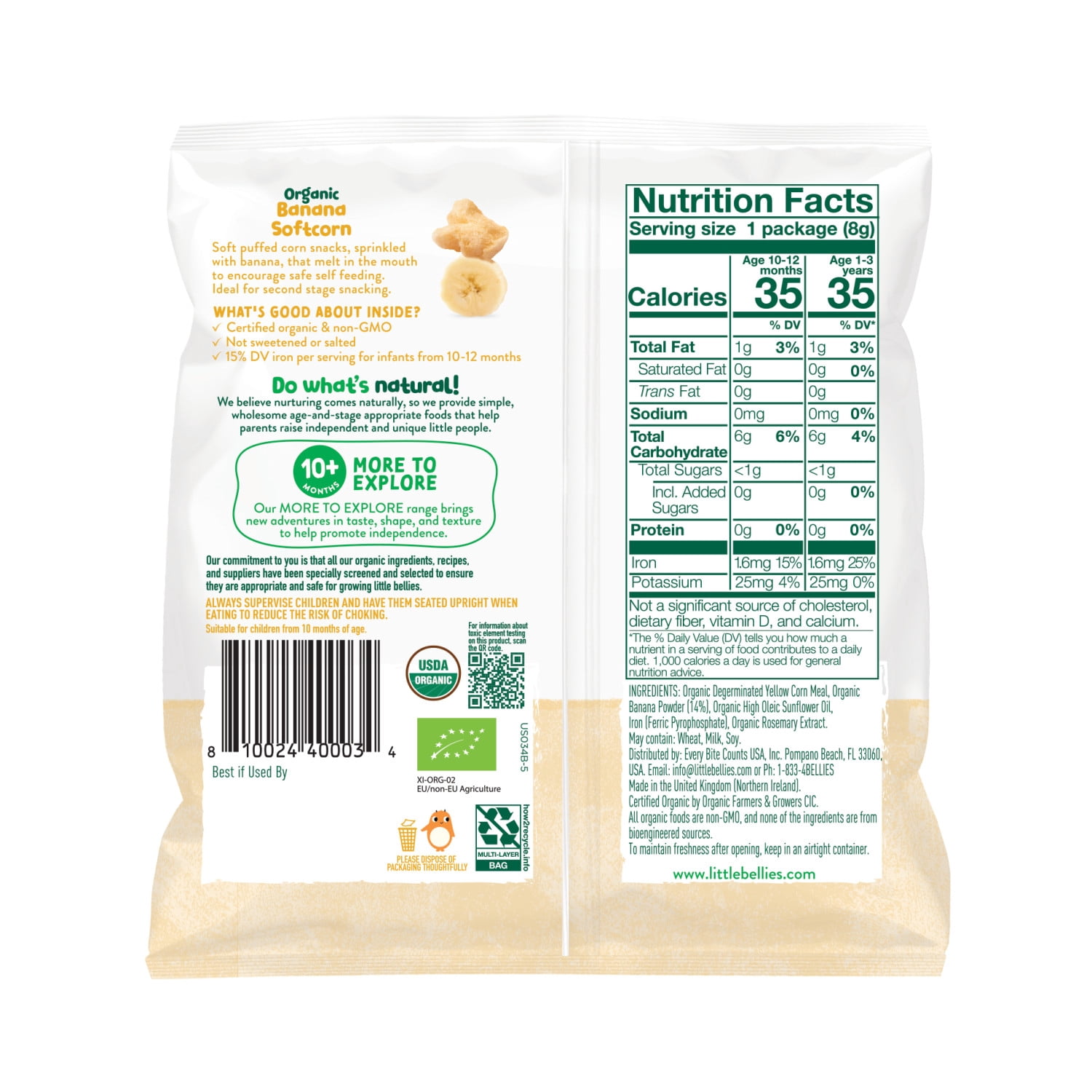 (6 pack) Little Bellies Organic Banana Softcorn Snack, 0.28 oz Bag