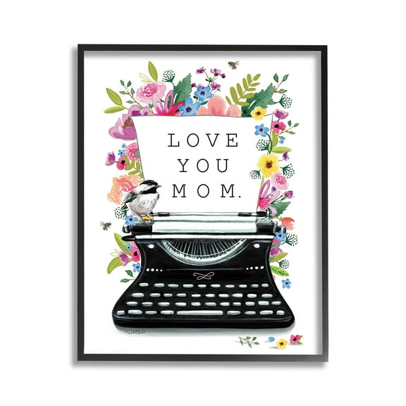 Stupell Industries Love You Mom Typewriter Botanical & Floral Painting Black Framed Art Print Wall Art, 11 x 14