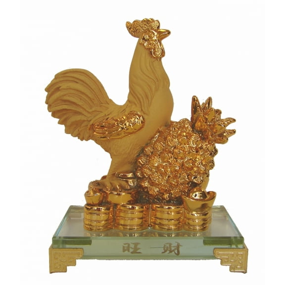 Feng Shui Rubber Finished Golden Rooster Statue with Big Coin