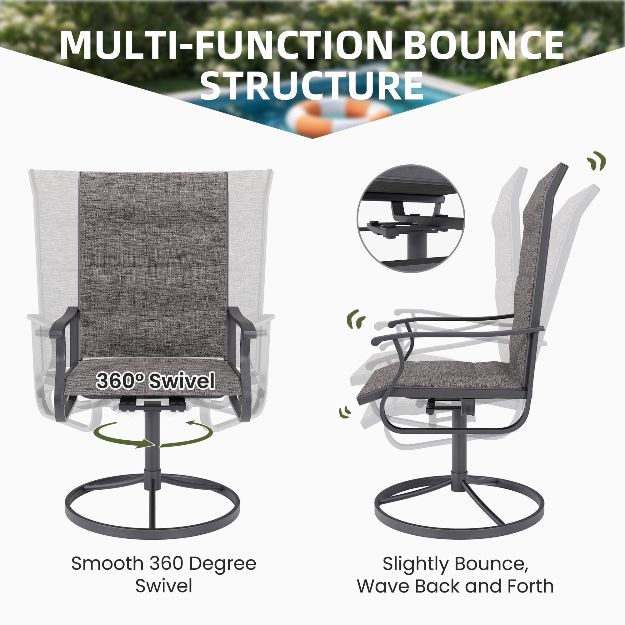 ELPOSUN Patio Swivel Chairs Set of 8, Outdoor Dining Chairs High Back Padded All Weather Breathable Textilene Outdoor Swivel Chairs with Metal Rocking Frame for Lawn Garden Backyard Deck, Dark Gray