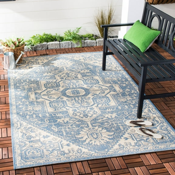 SAFAVIEH Beach House Diggory Medallion Indoor/Outdoor Area Rug, Cream/Blue, 5'3" x 7'6"