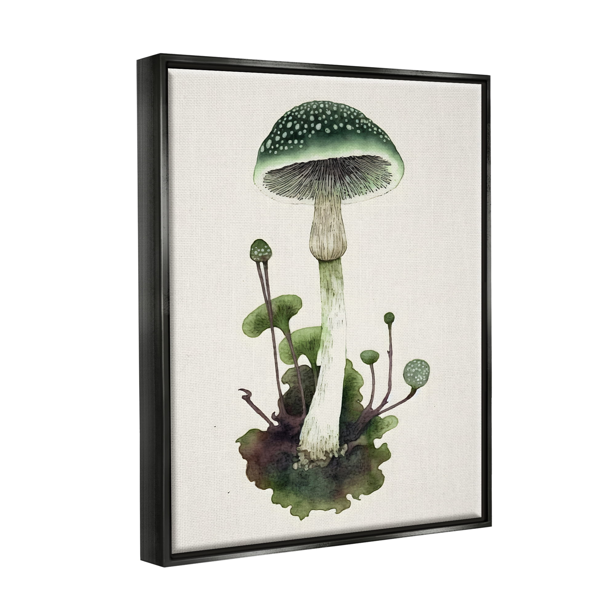 Stupell Industries Forest Green Mushroom Botanical & Floral Painting Black Floater Framed Canvas Art Print Wall Art, 17 x 21