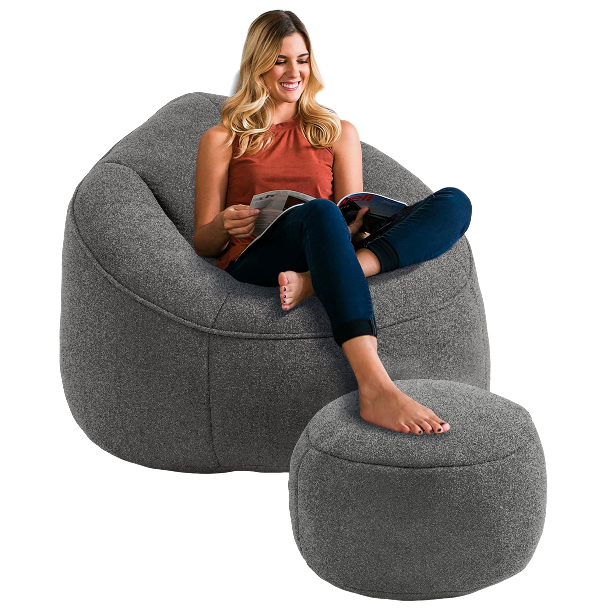 Aukfa Bean Bag Chair with Footstool, Lazy Reading Sofa Chair for Living Room/Bedroom, Gray