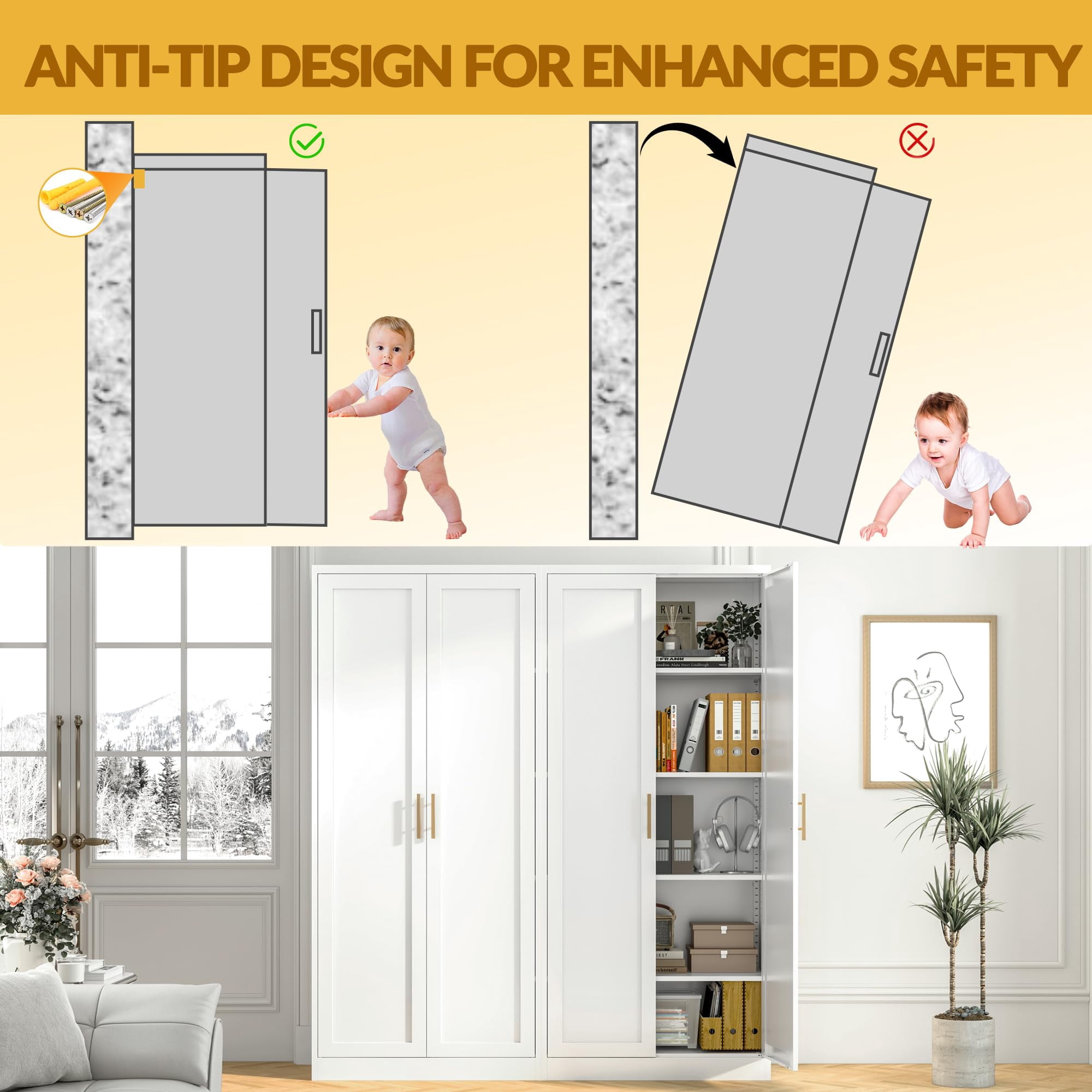 Kitchen Pantry Cabinet,71” Metal Tall Pantry Storage Cabinet with Doors and 4 Adjustable Shelves,Kitchen Storage Cabinets White Freestanding Food Cabinet for Pantries, Kitchen, Dining Room