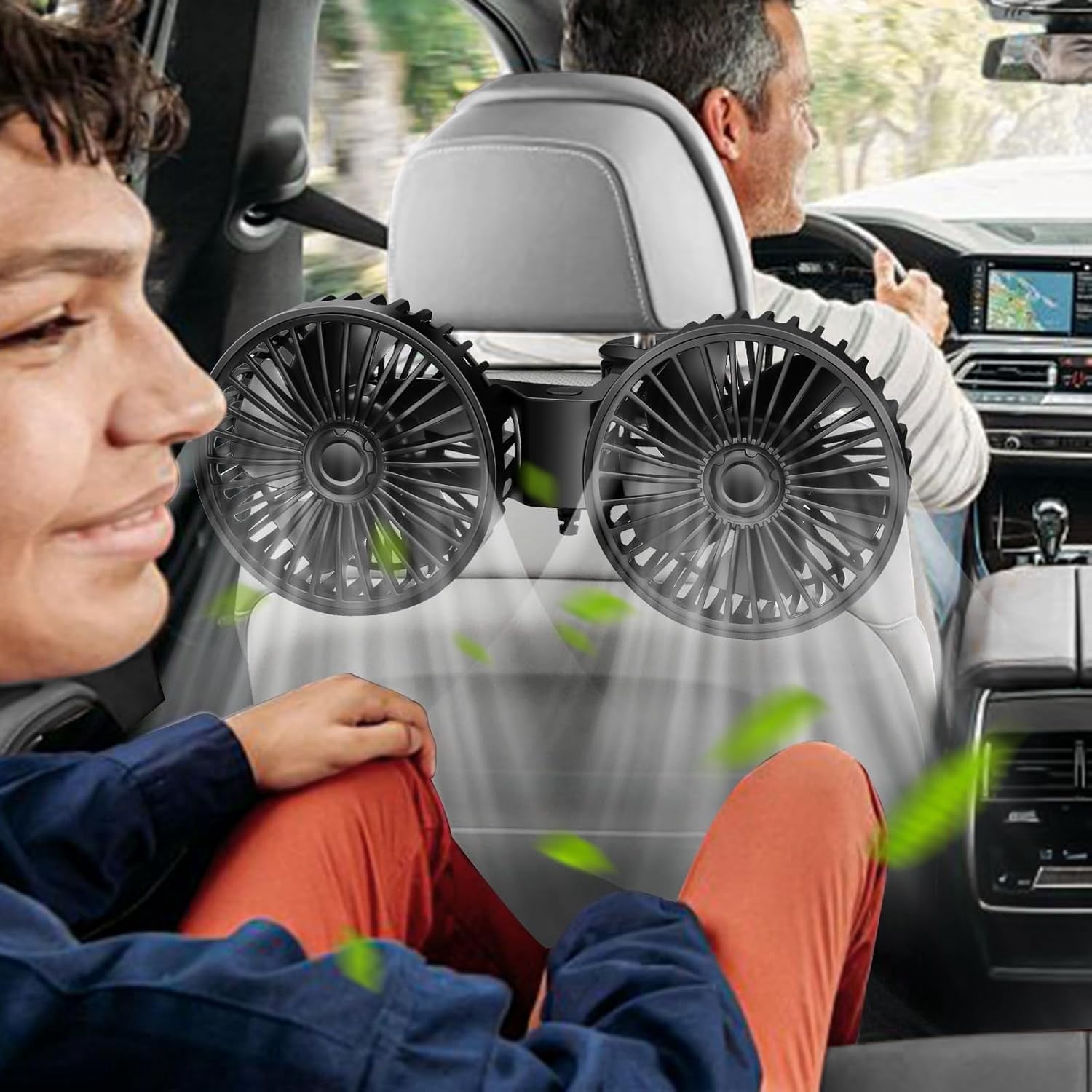 aomogo Dual Head Card Cooling Fan for Back Seat, Usb Powered 3 Speeds 12V Rotatable Car Seat Headrest Fan Car Accessories Cooler That Blow Cold Air for Sedan Suv Rv Truck