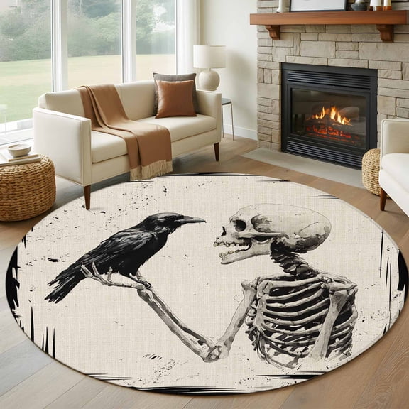 Round Area Rug 8 Ft, Halloween Washable Non-Slip Circle Carpet for Living Room/Bedroom, Vintage Black Skull Crow Collection Low-Profile Large Area Rugs for Indoor