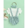 thumbnail image 4 of Biekopu Newborn Baby Three Piece Set, Fly Sleeve Round Neck Shirt Suspender Ruffle Shorts Elastic Matching Headband, 4 of 9