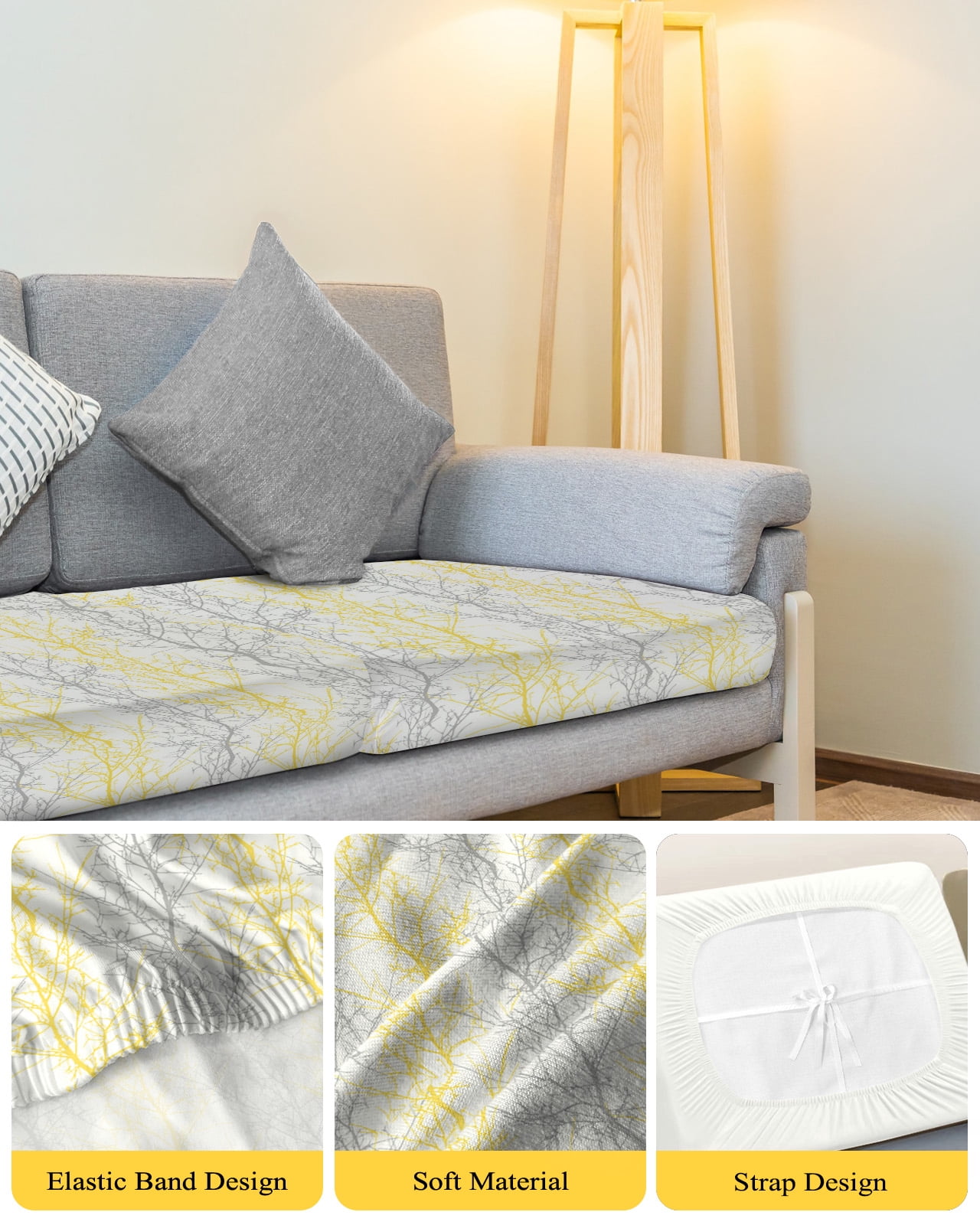 Yellow Gray Couch Cushion Covers, Stretch Seat Cushion Covers for Sectional Sofa, Pastoral Botanical Branch Aesthetics T-shaped Sofa&nbsp;Slipcovers Furniture Protector with Elastic&Straps Small 2Pcs
