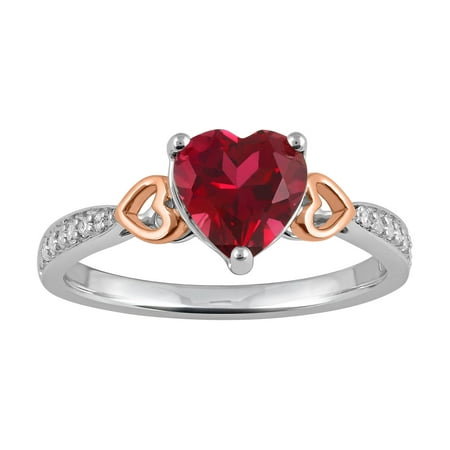 Heart 2 Heart Created Ruby and 1/10 Carat T.W. Diamond Sterling Silver with Pink Gold Plating Ring