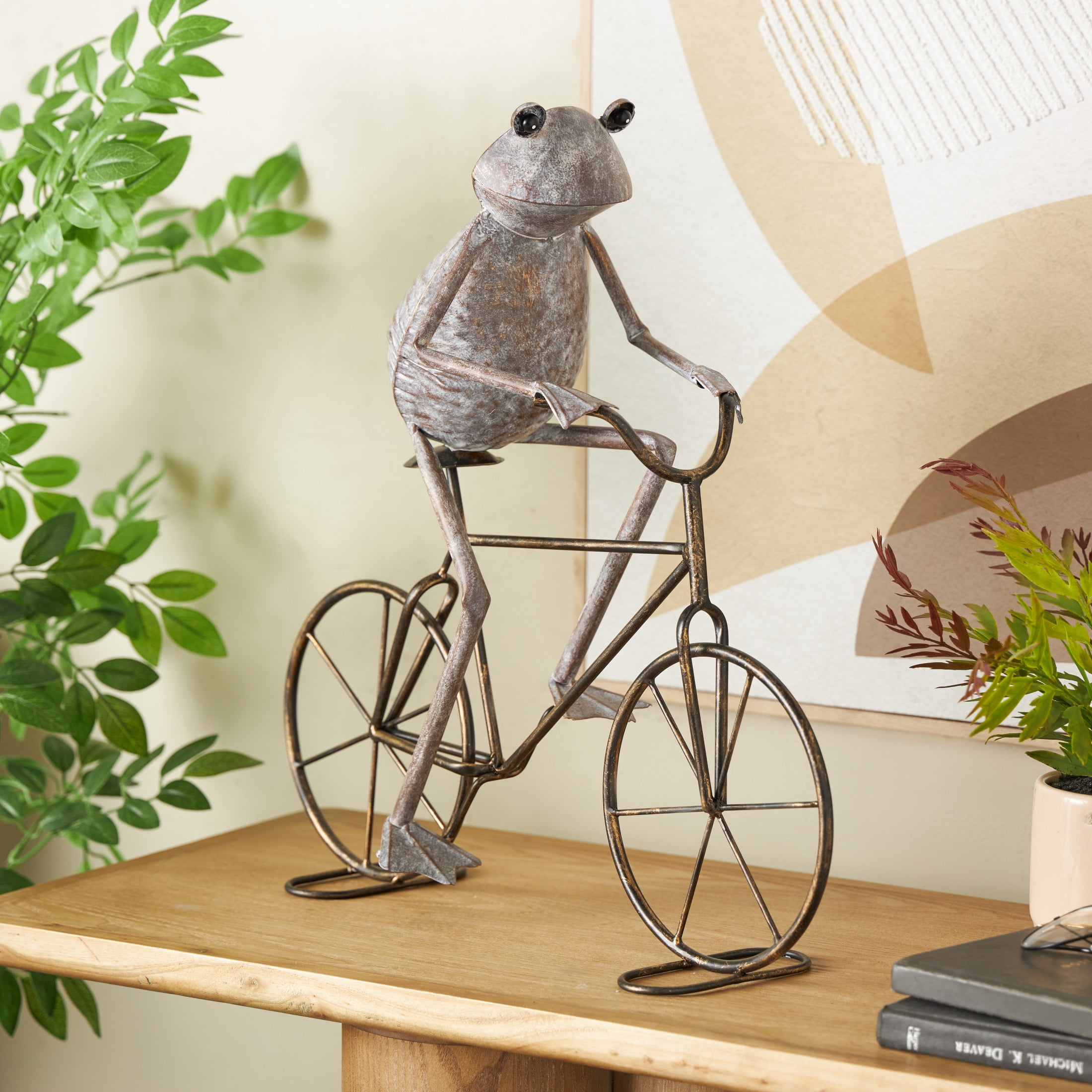 DecMode 20" On Bicycle Frog Garden Sculpture with Gold Accents