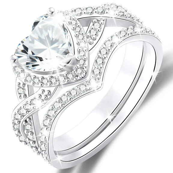 APSVO 18K White Gold Plated Love Heart Wedding Rings for Women CZ S925 Sterling Silver Eternity Promise Band Engagement Rings Set Birthday Valentines Jewelry Gifts Her Girlfriend Wife Adults Ideas