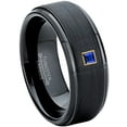 thumbnail image 1 of 0.05ctw Princess Cut Blue Sapphire Tungsten Ring - 8MM Brushed Black IP Stepped Edge Tungsten Carbide Wedding Band - September Birthstone Ring - 14kt Yellow Gold Bezel - TN083PSG-1SPs7.5, 1 of 2