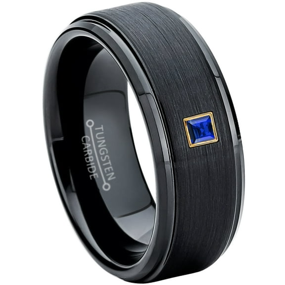 0.05ctw Princess Cut Blue Sapphire Tungsten Ring - 8MM Brushed Black IP Stepped Edge Tungsten Carbide Wedding Band - September Birthstone Ring - 14kt Yellow Gold Bezel - TN083PSG-1SPs8.5