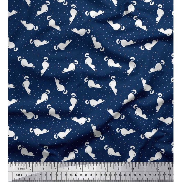 Soimoi polyester Crepe Fabric Floral & Cat Animal Printed Fabric 1 Yard 42 Inch Wide