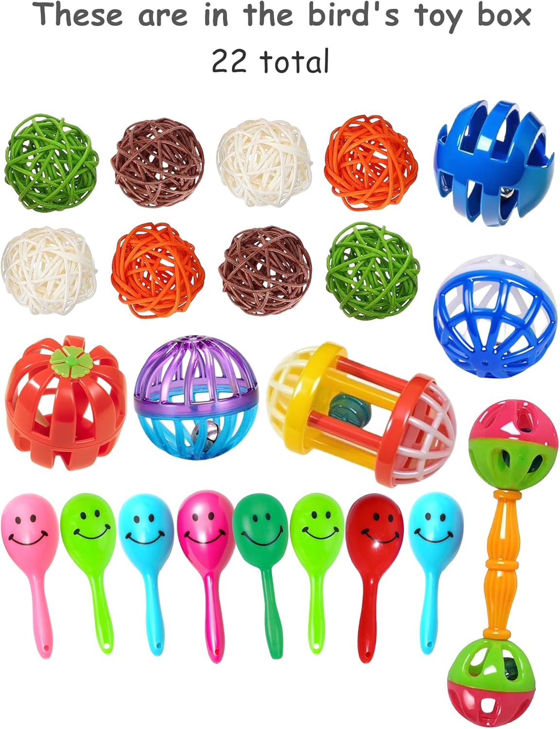 Bird Toys for Parakeets & Small Birds – Colorful Cage Fun with Bells & Rattan Balls