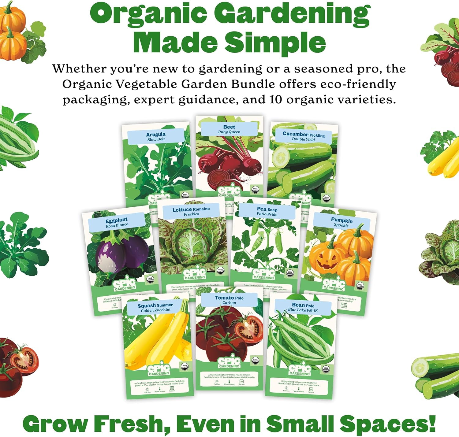 Epic Gardening Organic Vegetable Garden Kit, 10 Non-GMO Varieties, Includes Tomatoes, Squash, Pumpkins, Beans & More, Perfect for Raised Beds