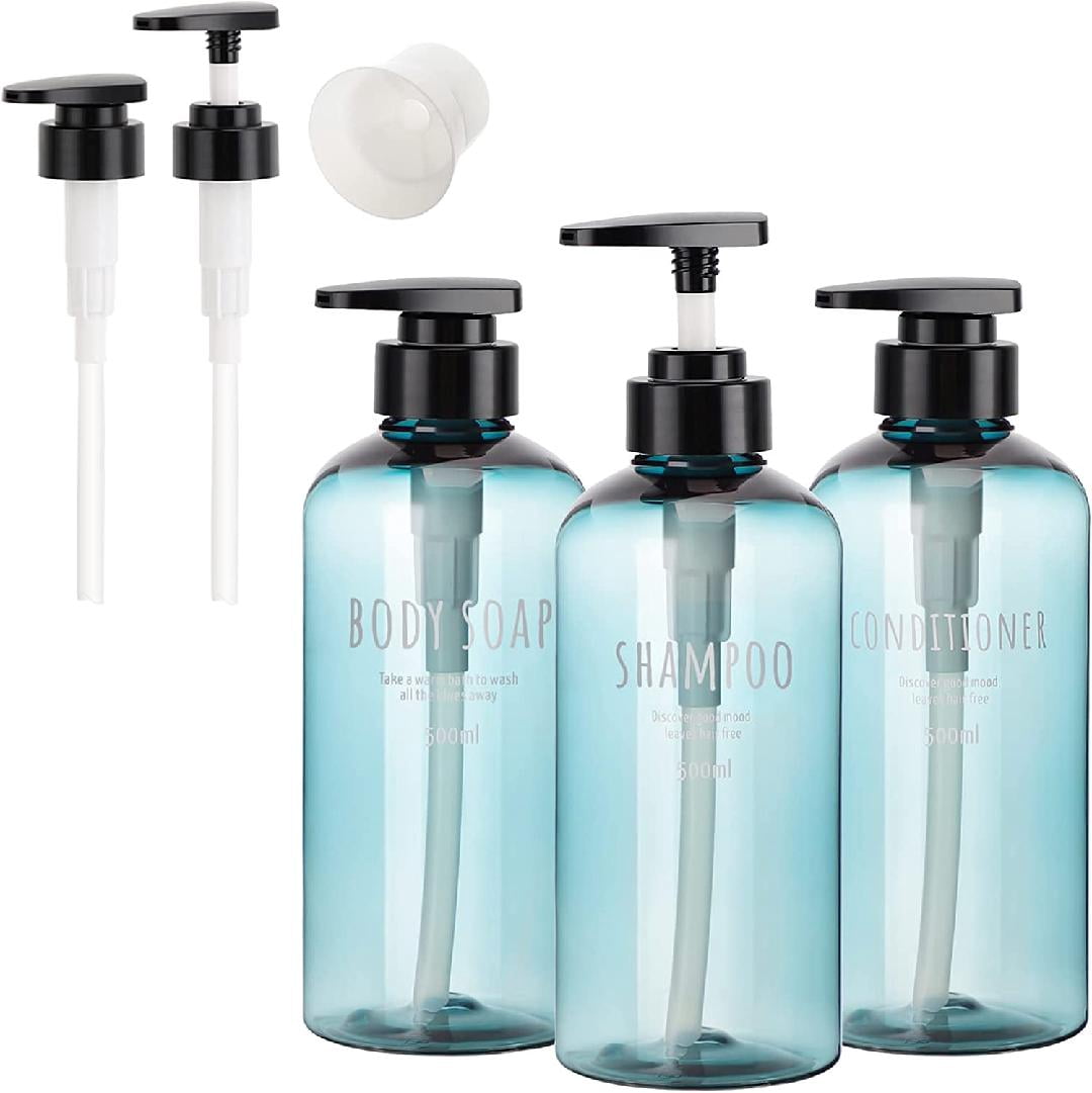 Shampoo Funnels Shampoo Bottles with 2 Extra Pumps, 3pcs 16.9oz Bathroom Shampoo and ...