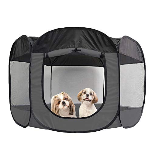 Indoor/Outdoor Mesh Open-Air Playpen & Exercise Pen Tent House Playground for Dogs & Cats Furhaven Pet Playpen Extra Large Gray 