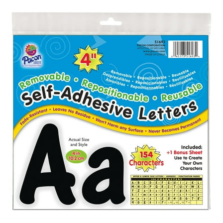 Pacon Self-Adhesive 4" Letters, Removable, Black, 154 Characters
