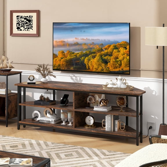 3-Tier Corner Tv Stand, Tv Console Table, Charging Station, up to 65 Inches, Rustic Brown