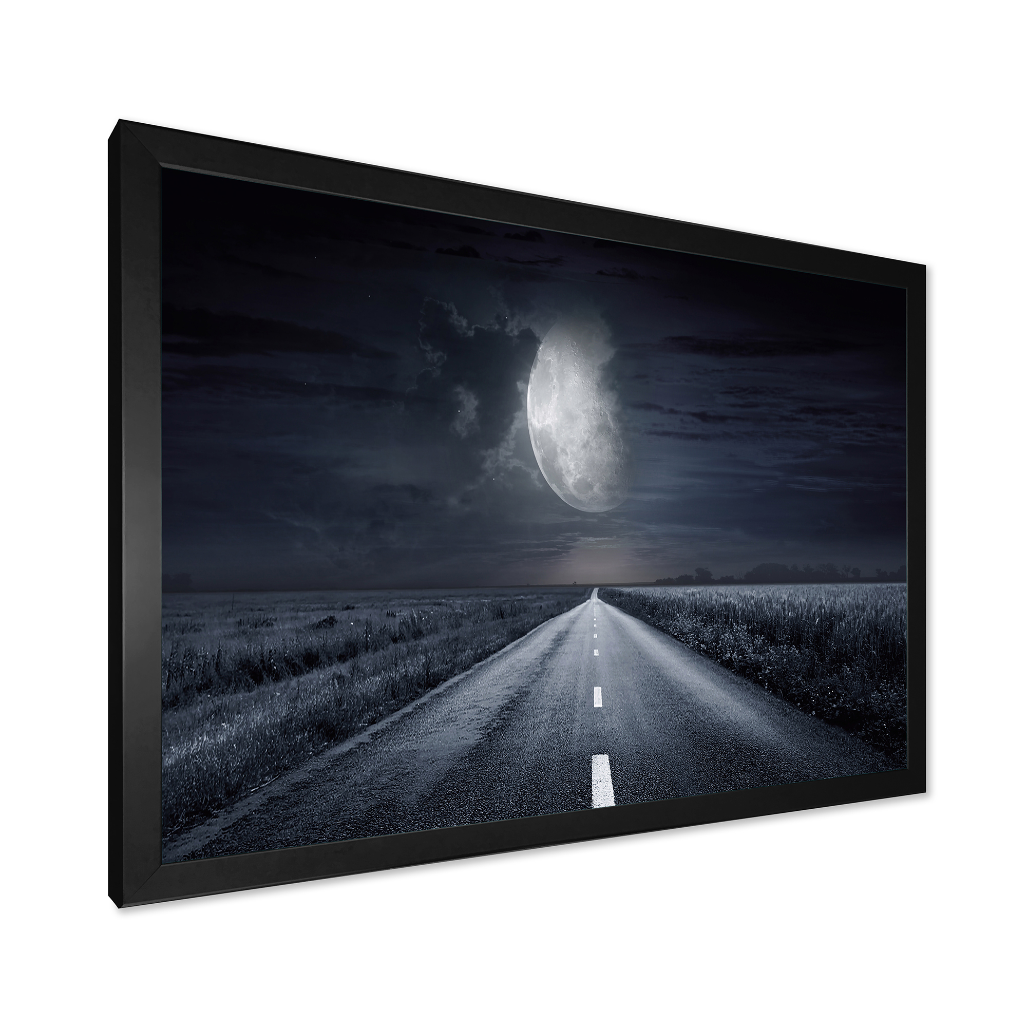 Designart 'Cloudy Full Moon Over Asphalt Road III' Nautical & Coastal Framed Art Print