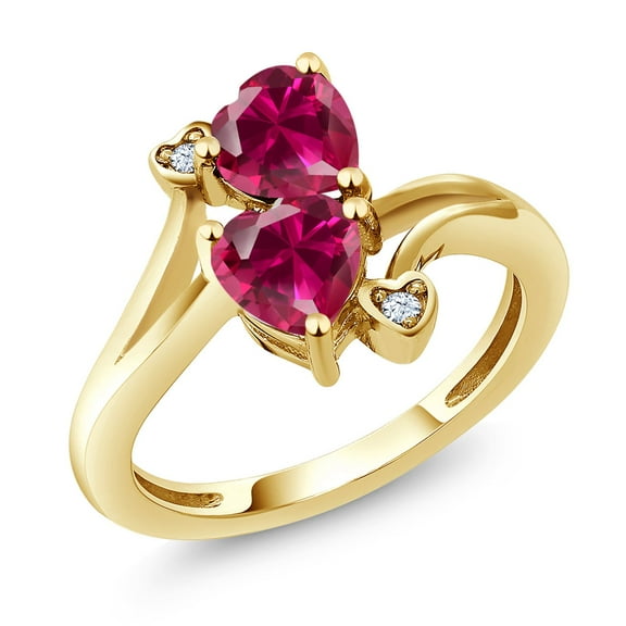 Gem Stone King 1.95 Cttw 10K Yellow Gold Red Created Ruby 2 Heart Shape Engagement Ring for Women | 6MM Heart | Wedding Anniversary Promise Ring (Size 9)