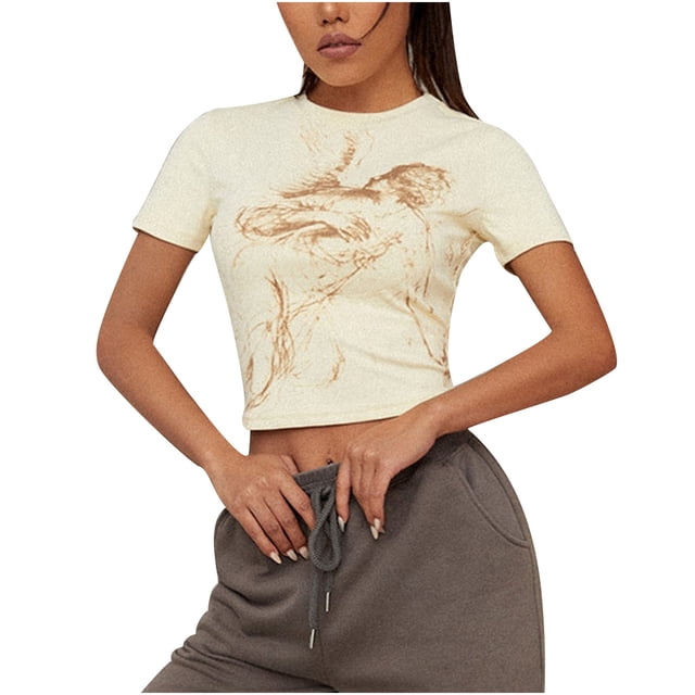 Hauts d'Été pour Femmes 2023 Blouse Col Rond Manches Courtes Imprimé Mignon Crop Top Décontracté