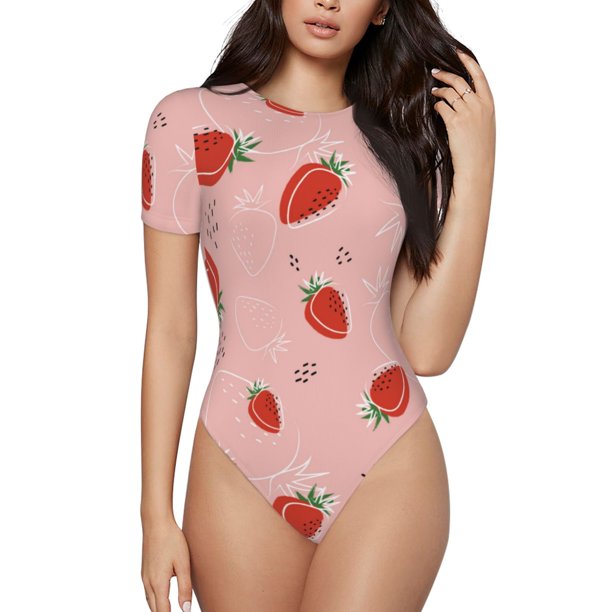 Balery Strawberry Body de cuello redondo de manga corta para mujer Tops de manga corta Tops básicos-Large