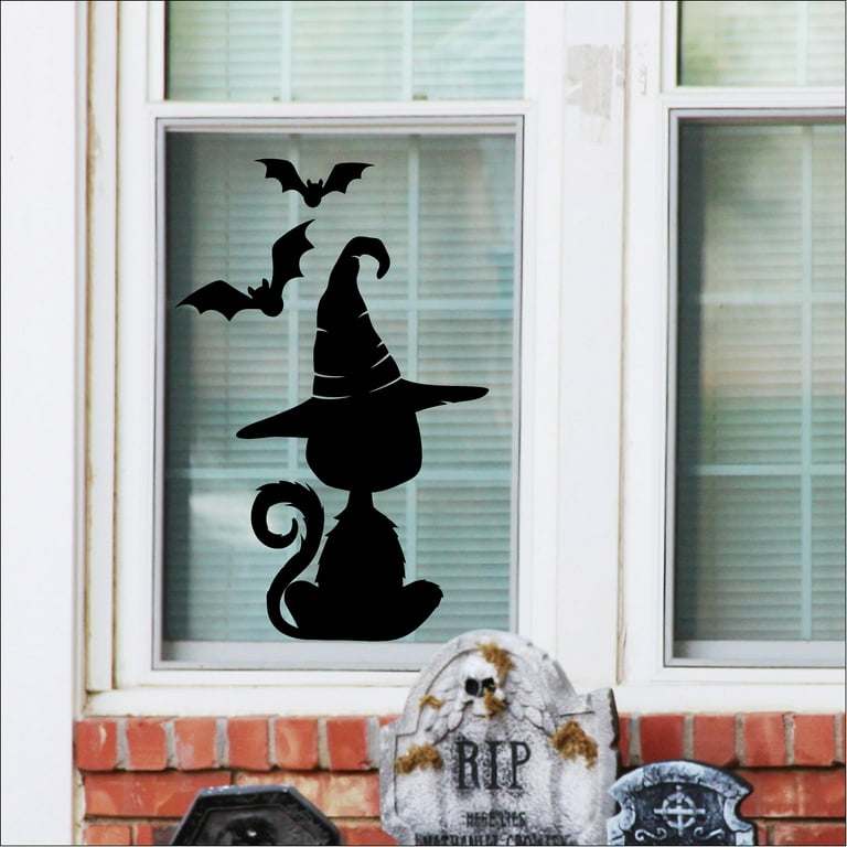 Halloween Black Cat with Witch Hat Vinyl Lettering Wall Decal Self