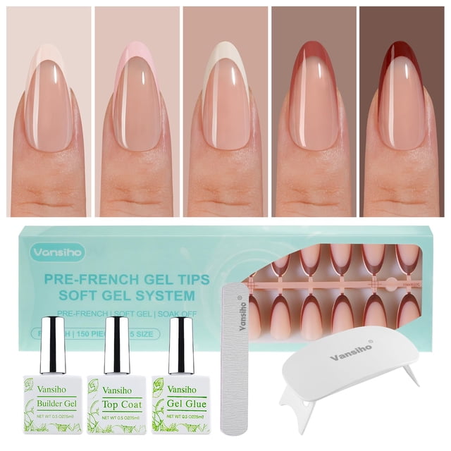 Kit de uñas de gel francés Vansiho Medium Almond con lámpara de uñas
