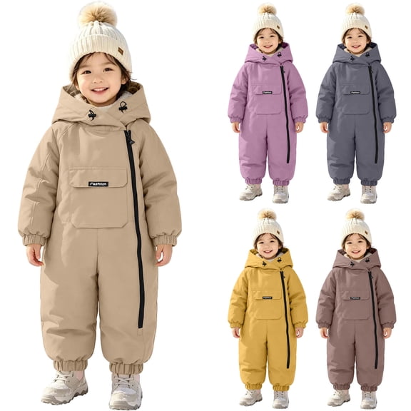 Teyfeniy Toddlers Winter Snowsuits Hooded Insulated 1 Piece Thicken Thermal Outdoor Activity Zip up Windproof Kids Winter Jumpsuit