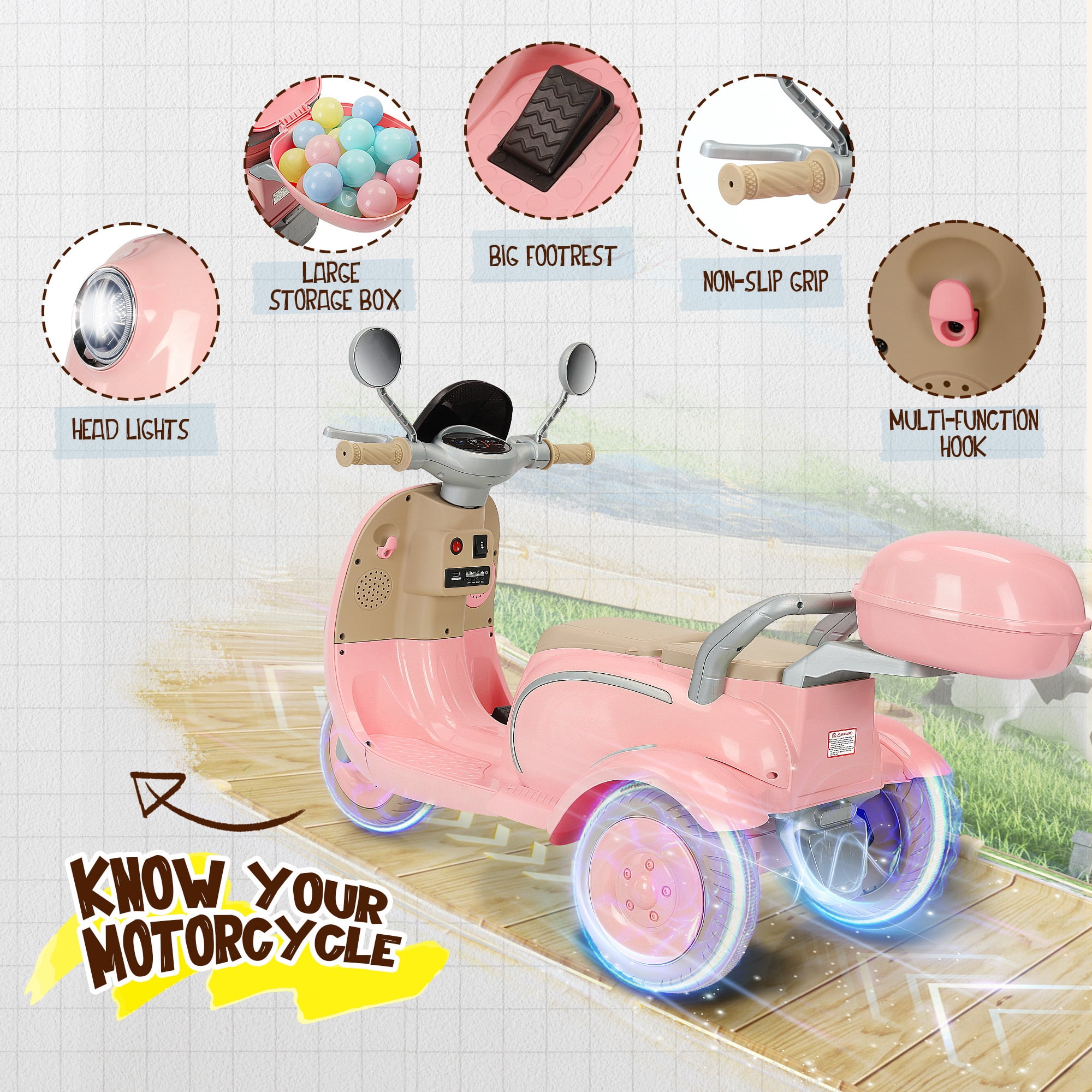 Letsgokid 2 Seater Electric Motorcycle, 12V Ride On Motorcycle with USB, Music, Bluetooth, Light, Big Storage Box, Motorcycle for Kids 3+