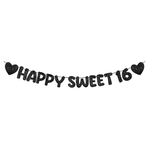 Black Glitter Happy Sweet 16 Birthday Banner, Pre-Strung Glitter Happy 16 Birthday Party Sign for Sweet 16 Birthday Party Decorations