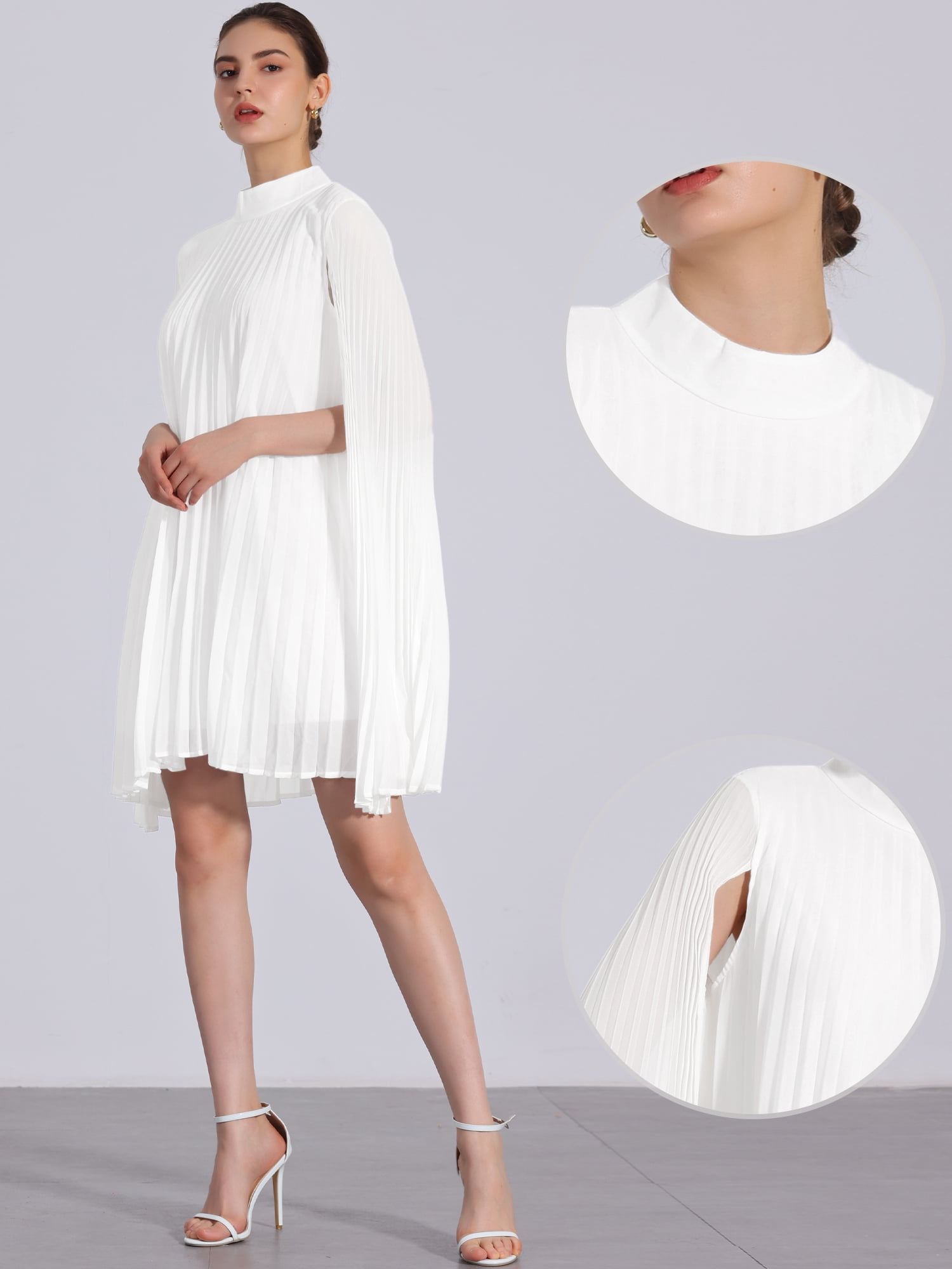 DARING DIVA Flowy Cloak Sleeve Cape Pleated Chiffon Dress XL White