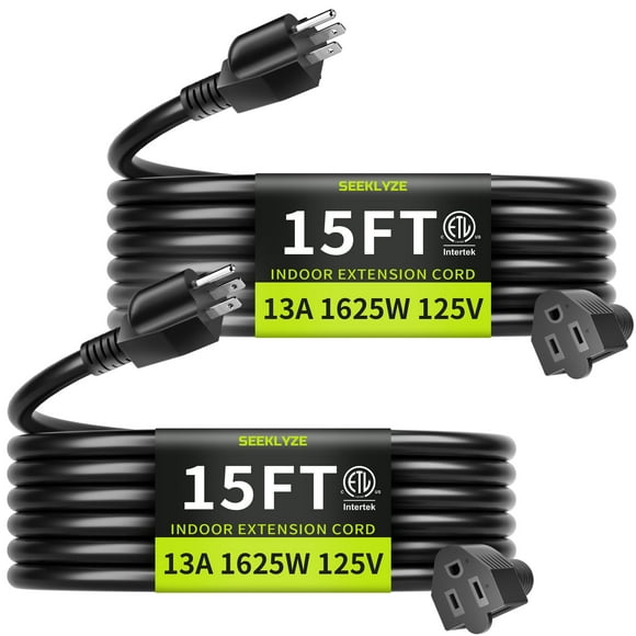 Cable de extensión Seeklyze, 15 pies, 16 AWG, 13 A, 125 V, 1625 W, negro, paquete de 2