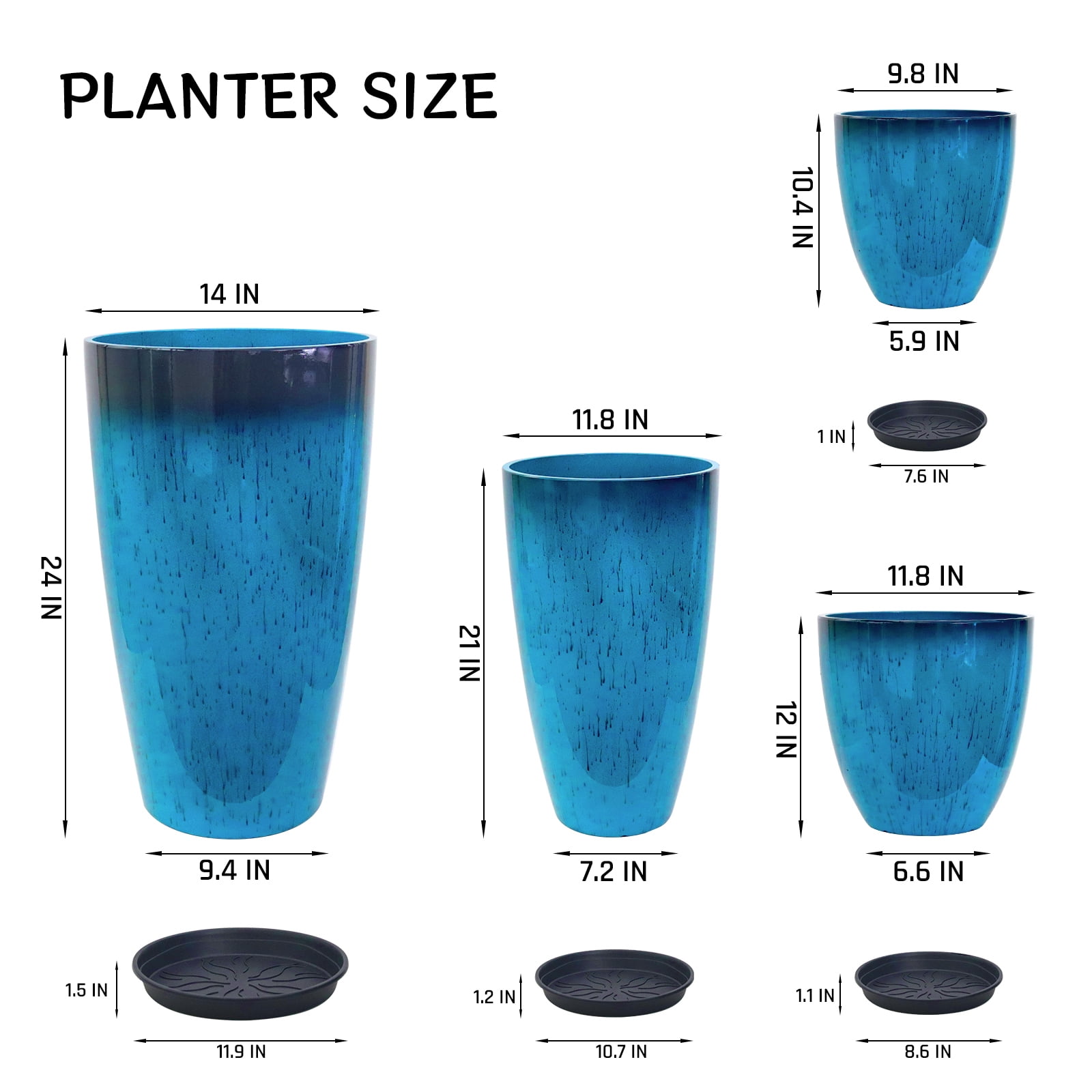 FIASON 4 Pack Large Plastic 24/21/12/10" H Blue Tall Planters, Tall Plant Pots for Outdoor Indoor with Shelf Inset, Glossy Flower Pot with Drainage Holes & Mesh Filter Screen for Front Porch Patio
