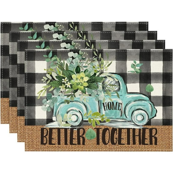 4pcs Plaid Truck Eucalyptus Summer Placemats Table Mats Durable Washable Rustic Linen Vintage Placemats for Home Dinner Party Camping Wedding Table Decoration 12 x 18 inches