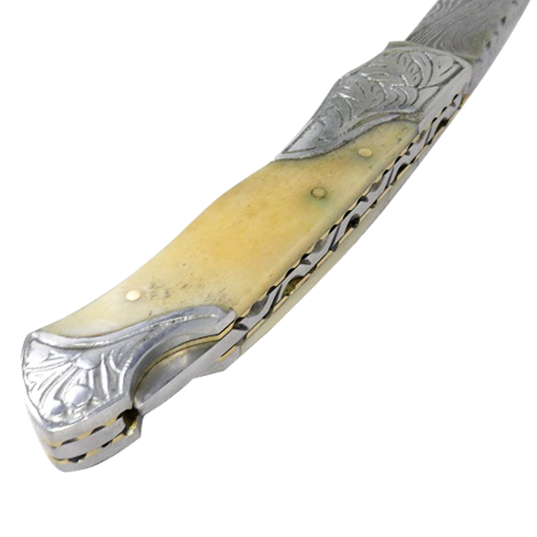 TheBoneEdge 7" Damascus Folding Knife Horn Handle Bolster Handmade with Sheath
