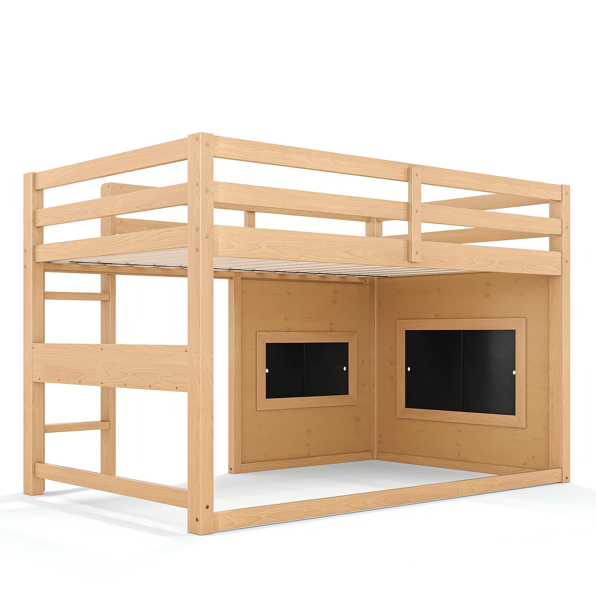 Leumius Twin Size Loft Bed with Storage Shelves,Solid Wood Low Loft Bed Frame with Chalkboard and Bookshelf,Space Saving,Light Natural