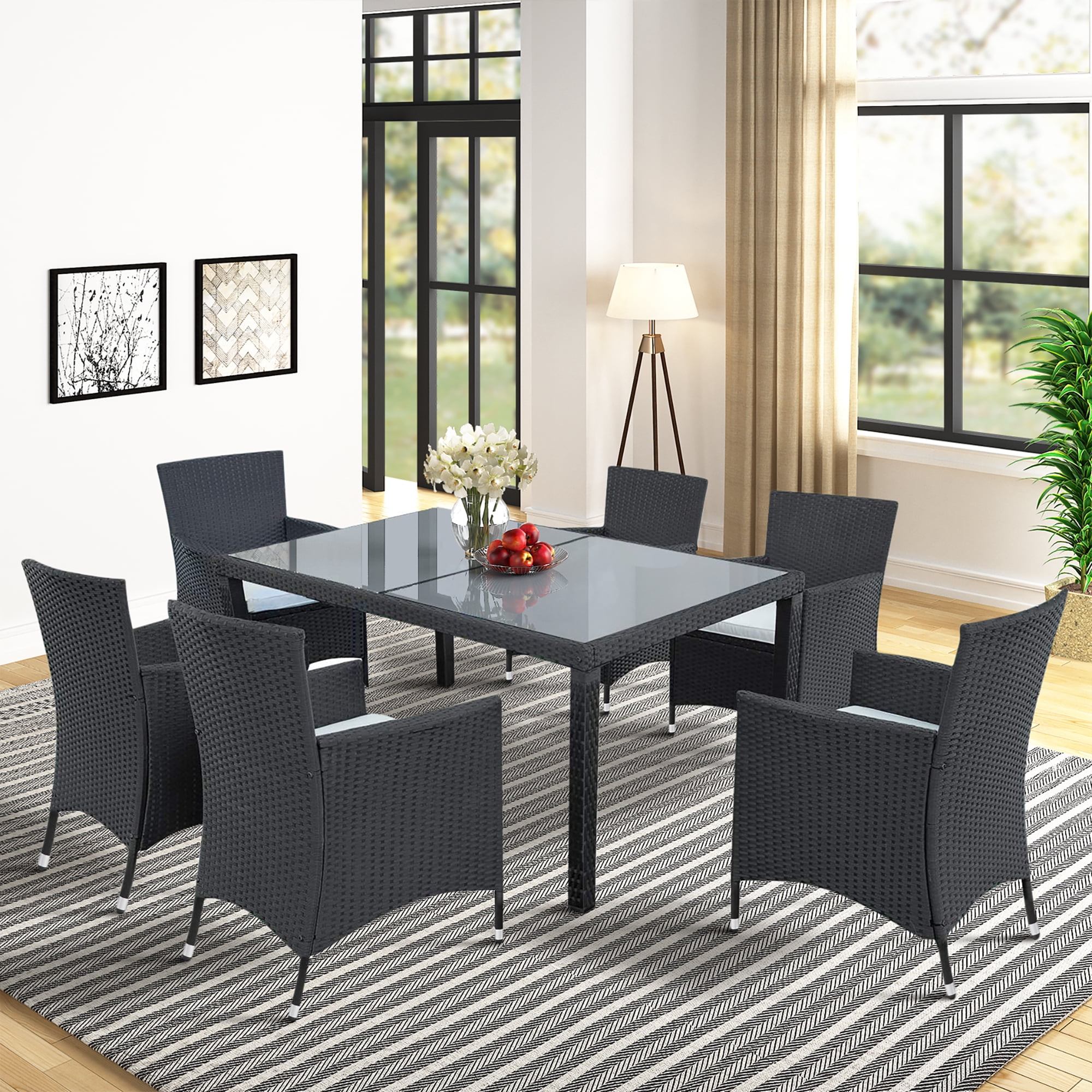 Patio Dining Sets Clearance 7 Piece Patio Furniture Sets 6 Rattan Wicker Chairs With Glass Dining Table All Weather Outdoor Patio Dining Set With Cushions For Backyard Porch Garden Poolside Walmart Com
