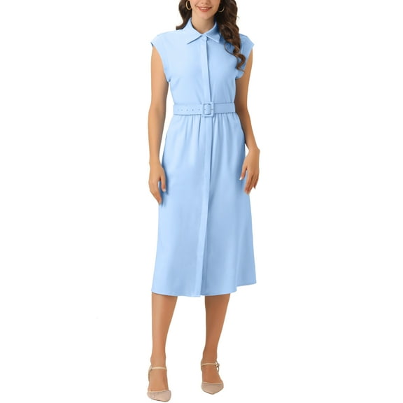 INSPIRE CHIC Women's Sleeveless Dresses Collared Button Down Belted Waist Midi Work Dresses XS Blue