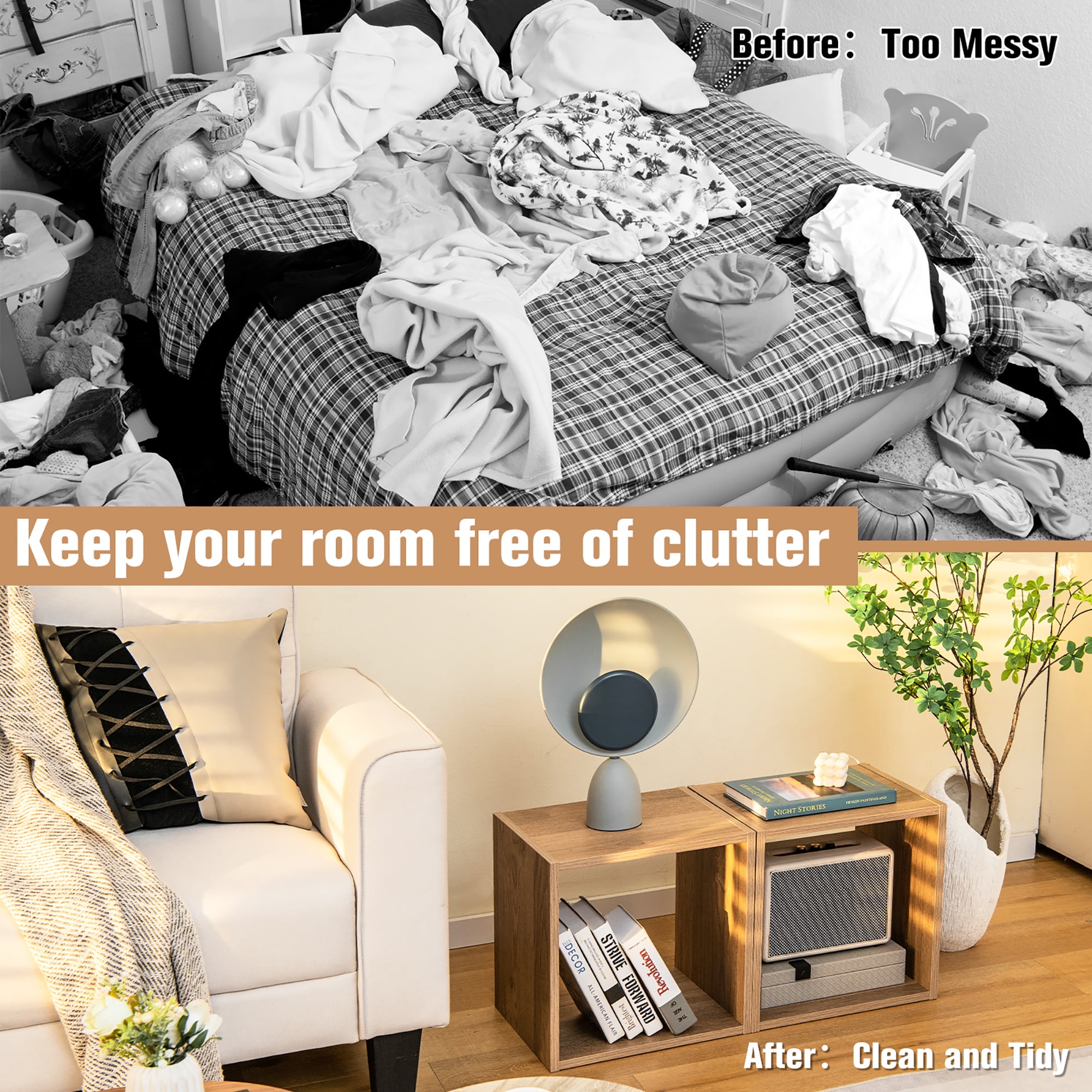Costway 2 PCS Wood Stackable Storage Cube 2-tier Narrow Bookshelf Vinyl Record Organizer Natural