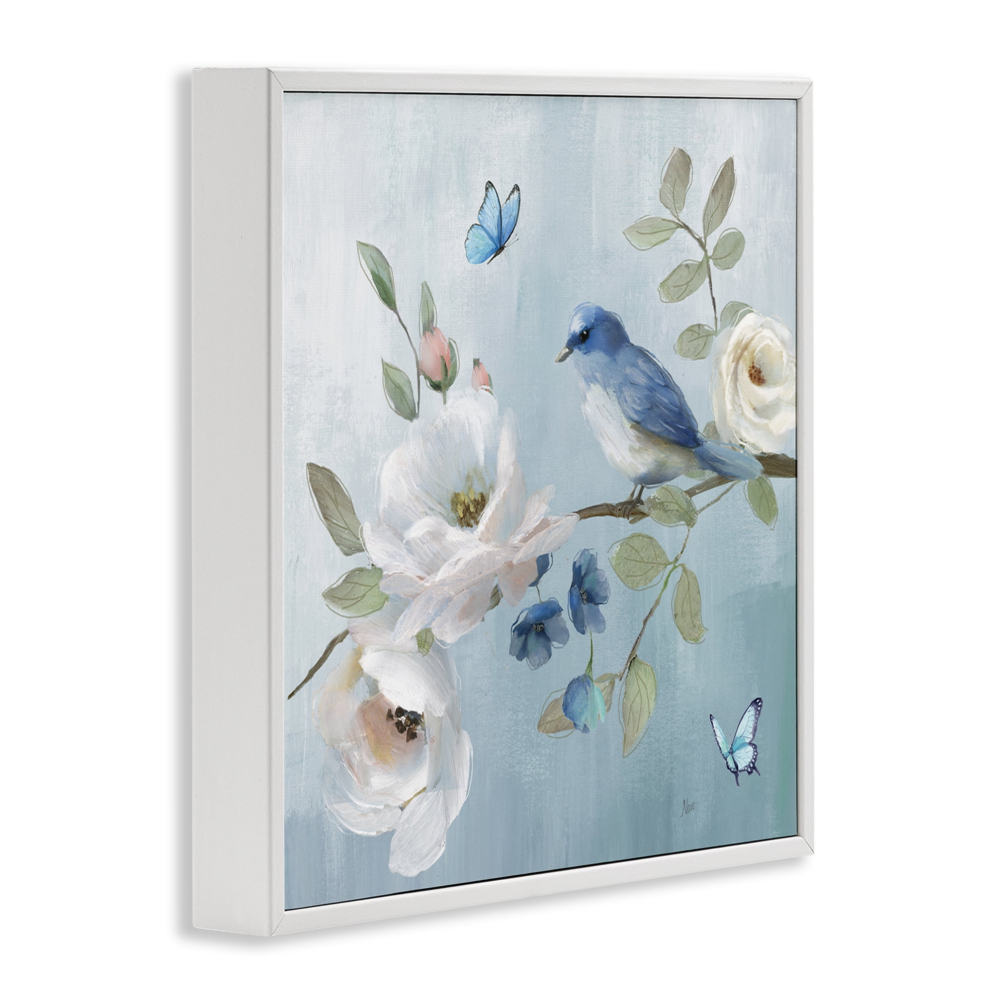 Stupell Industries Pastel Blue Bird Blooms White Framed Giclee Art, design by Nan