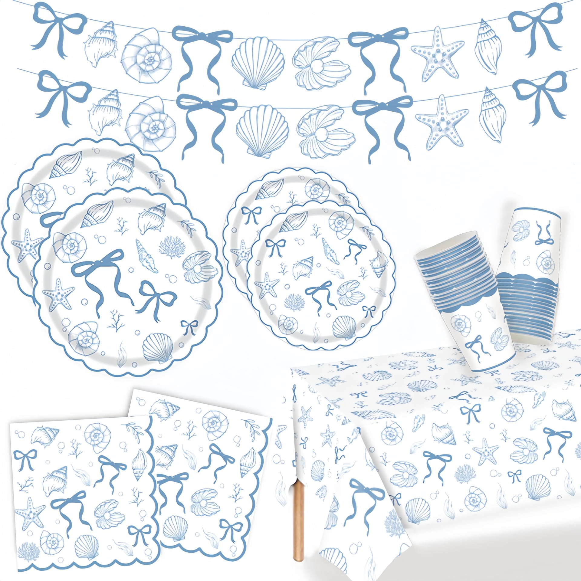 Seashell Coastal Party Supplies Set Blue Bow Starfish Themed | Plates Napkins Tablecloth for Beach Ocean Summer Birthday Wedding Party Decorations