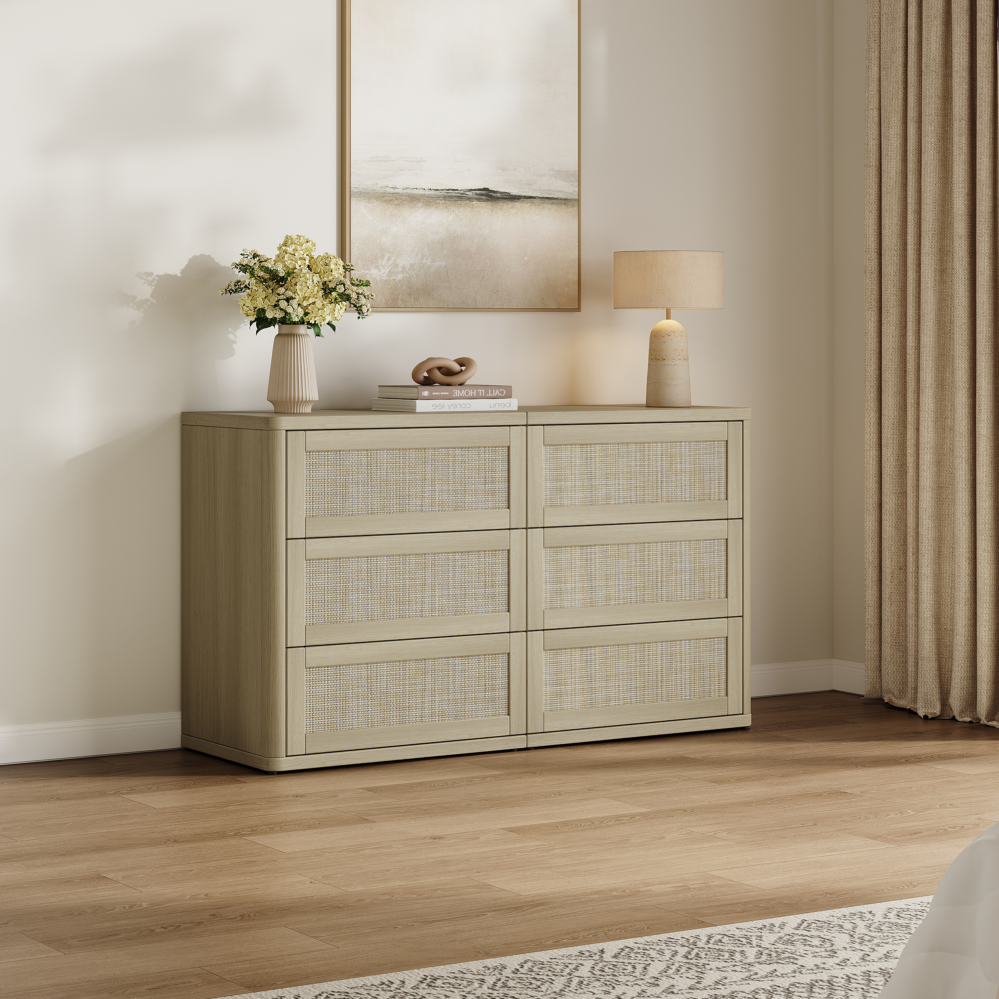 SICOTAS 53.6" Wide 6 Drawer Modular Rattan Dresser for Bedroom, Long Chest of Drawers with Pop-Up Drawers%& Unique Rattan Design, Amber Oak