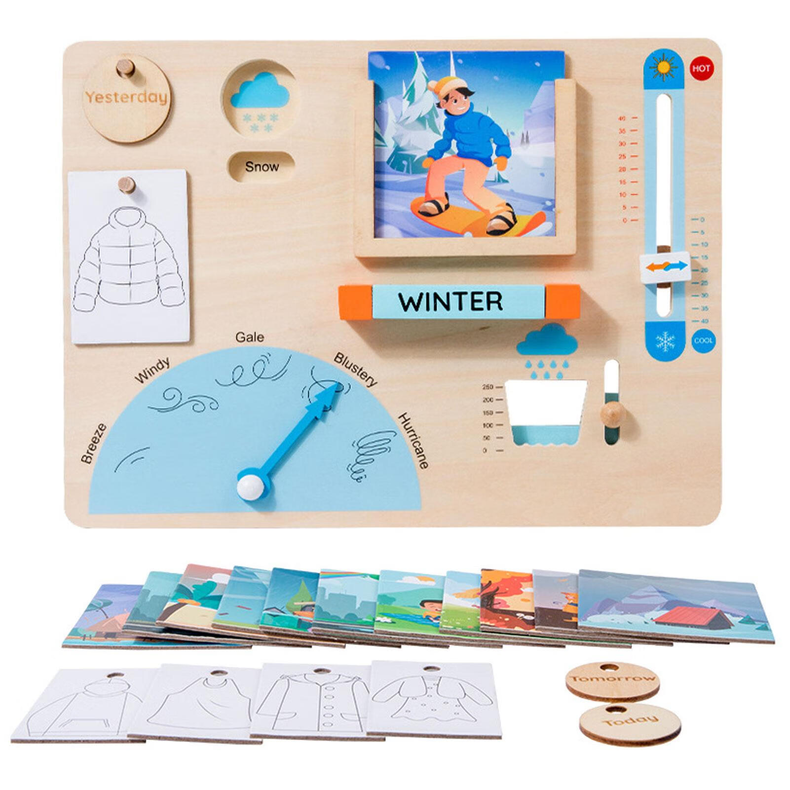 Goxfaca Weather Station Toy Educational Wooden Weatherboard for Kids Weather Watch Wooden