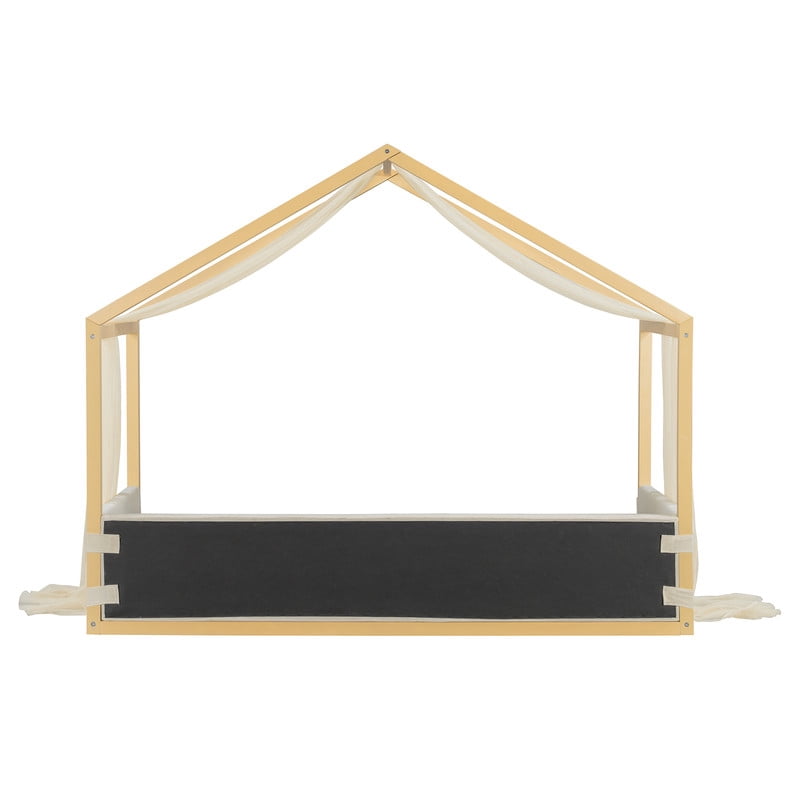 Twin Size Canopy Bed with Upholstered Velvet Side Panels and Breathable Gauze Canopy, Soft-Padded Platform Bed Floor Bed Kids Montessori Bed for Bedroom