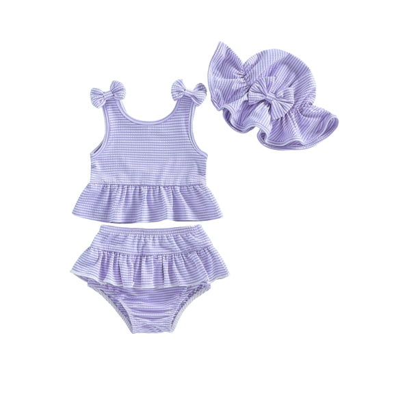 BemeyourBBs Toddler Baby Girl Striped Swimsuit Infant Bathing Suit 3 Pieces Swimsuits Bow Tank Top with Ruffle Shorts Set Sun Hat Rash Guard Swimwear Summer Beach Wear