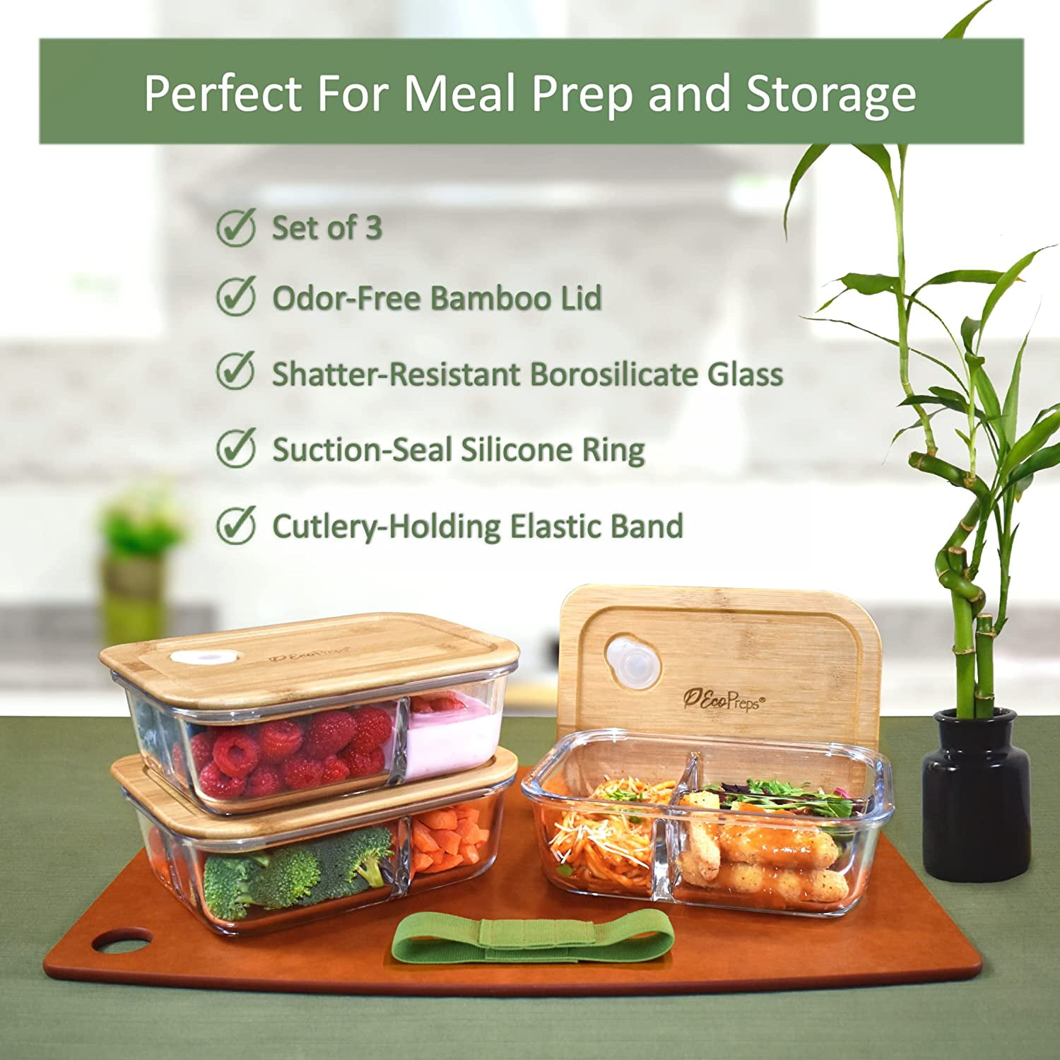 Glass Bento Box Containers with Bamboo Lids, 3 Compartment Set